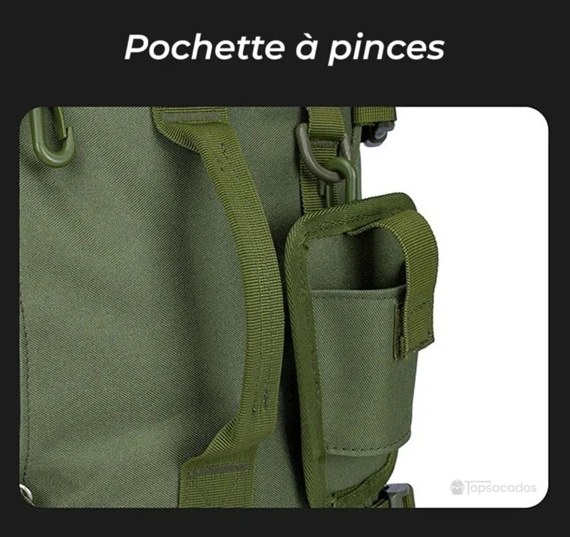 Sac à dos pour la pêche avec zoom sur la pochette à pinces, parfaite pour garder les outils de précision à portée de main.
