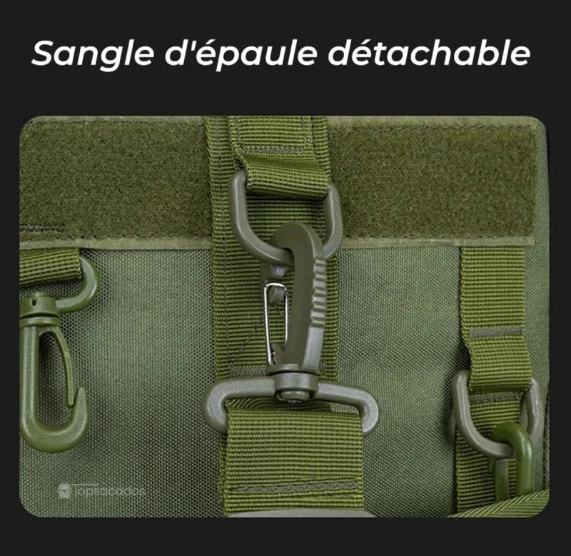Sac à dos pour la pêche avec sangle d’épaule détachable en gros plan, soulignant la solidité et la modularité du système de port.