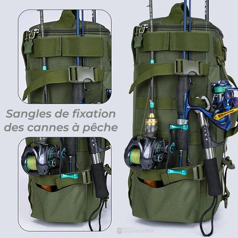 Sac à dos pour la pêche avec sangles de fixation des cannes à pêche sur les côtés pour sécuriser l’équipement durant les déplacements.