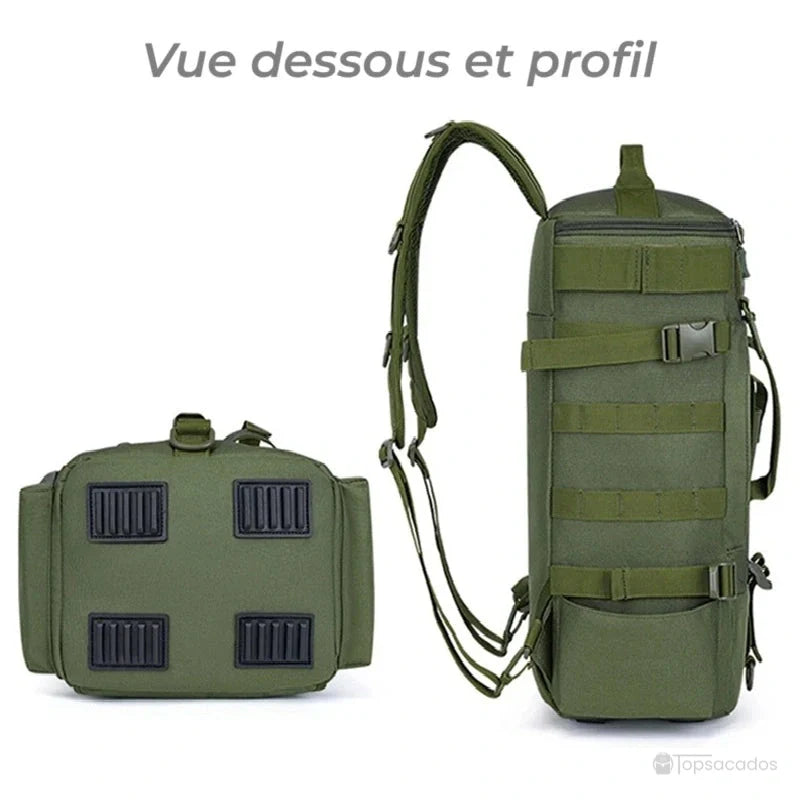 Sac à dos pour la pêche vu de profil et de dessous, illustrant les renforts antidérapants à la base et les sangles latérales.