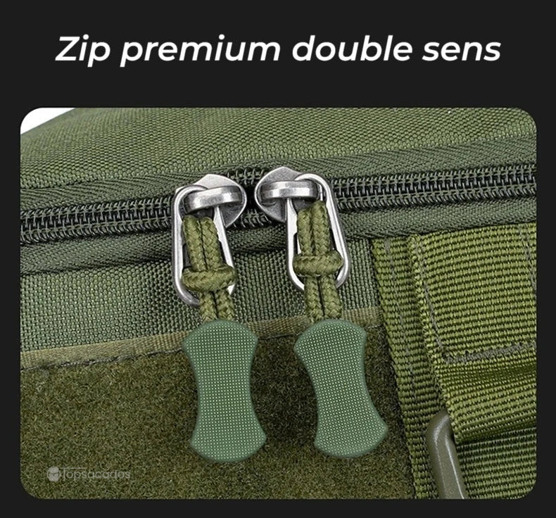 Sac à dos pour la pêche avec gros plan sur le zip double sens premium, conçu pour une ouverture fluide et durable.