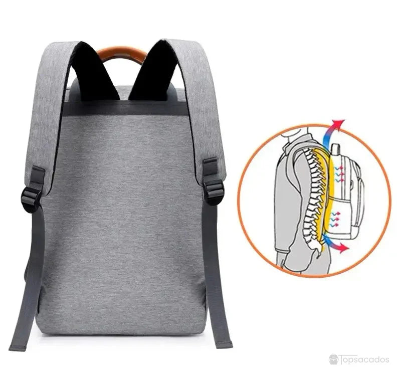 Sac à dos pour lycéen vu de dos avec bretelles larges et schéma de soutien dorsal ergonomique.