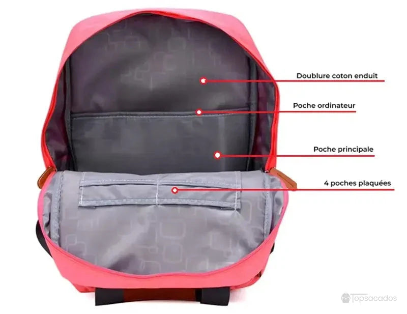 Sac à dos pour lycéen intérieur spacieux avec doublure coton, poche pour ordinateur et rangements internes.