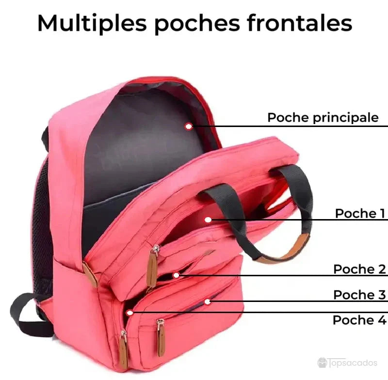 Sac à dos pour lycéen rose ouvert avec vue sur les nombreuses poches de rangement étiquetées.