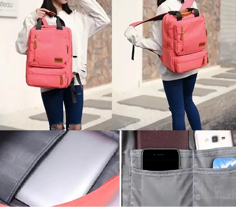 Sac à dos pour lycéen porté par une jeune fille en extérieur, vue de face et de dos avec intérieur compartimenté.