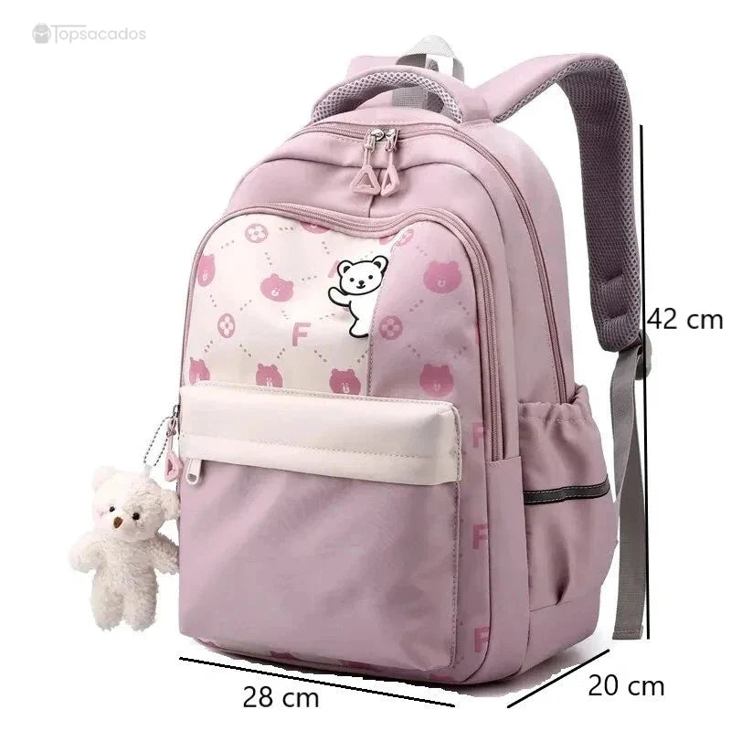 Sac à dos primaire fille rose illustrant les dimensions 42 cm x 28 cm x 20 cm.