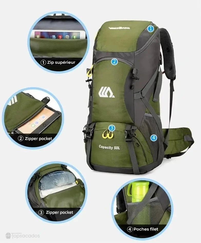 Sac à dos randonnée 50 litres vert avec focus sur les poches zippées et rangements multiples pour tablette, vêtements et gourde.