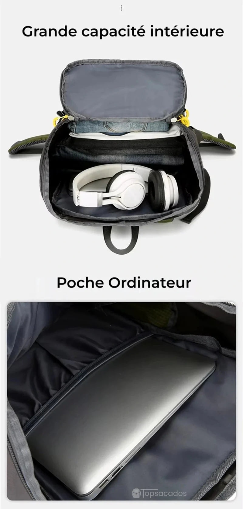 Sac à dos randonnée 50 litres ouvert montrant une grande poche principale, un compartiment ordinateur et un casque audio à l’intérieur.