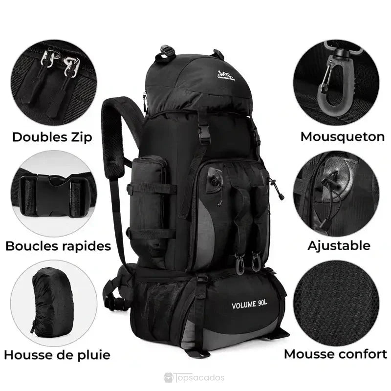Sac à dos randonnée noir 90L présenté avec zooms sur les détails pratiques : doubles zips, boucles rapides, mousqueton, mousse confort et housse de pluie.