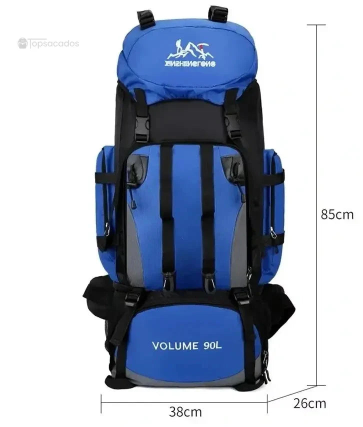 Sac à dos randonnée bleu avec dimensions précises 85x38x26 cm et volume de 90L, parfait pour les grandes randonnées.