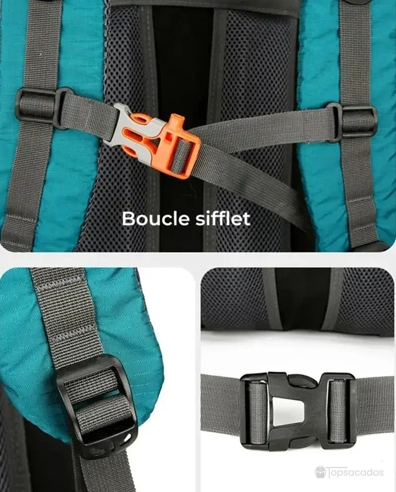 Sac à dos randonnée étanche 65 litres avec boucles de fixation robustes, sifflet d’urgence intégré et sangles renforcées