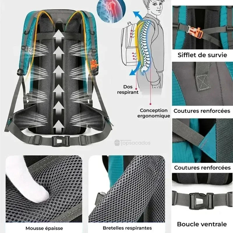 Sac à dos randonnée étanche 65 litres avec dos ergonomique, bretelles respirantes, mousse épaisse et soutien lombaire