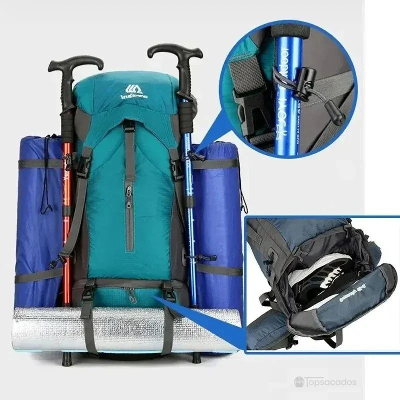 Sac à dos randonnée étanche 65 litres équipé pour trekking, avec tapis de sol, bâtons de marche et compartiment chaussures intégré