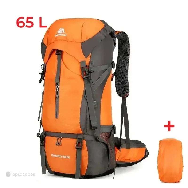 Sac à dos randonnée étanche 65 litres orange avec renforts gris, housse de pluie assortie incluse, idéal pour les longues expéditions