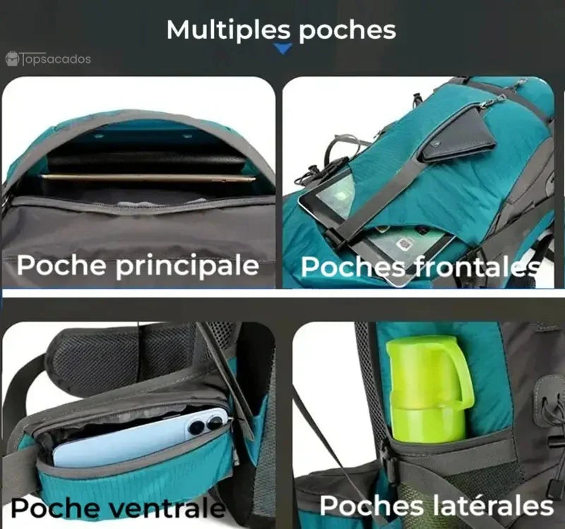 Sac à dos randonnée étanche 65 litres avec multiples poches : principale, frontales, latérales et ventrale pour un rangement optimisé