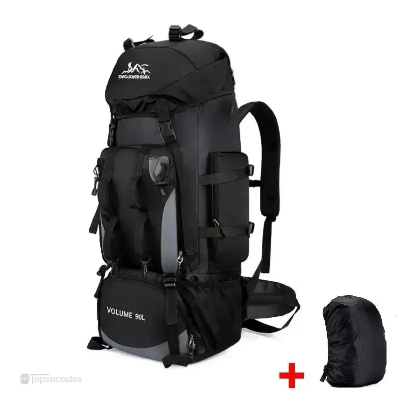 Sac à dos randonnée noir 90L avec housse de pluie incluse, offrant un design sobre et une protection optimale contre les intempéries.