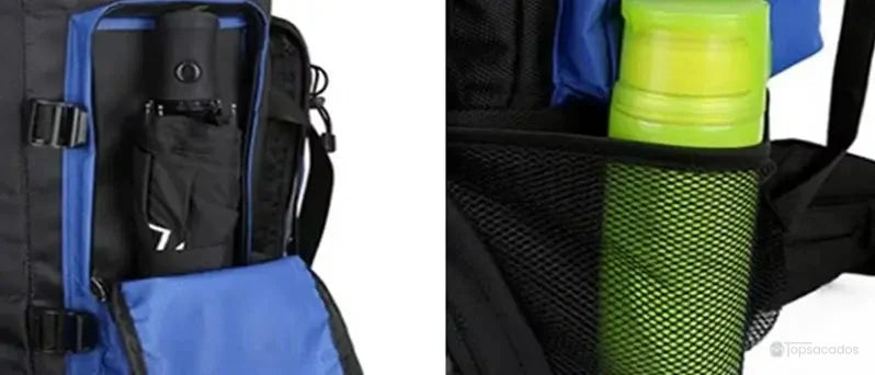 Sac à dos randonnée avec poches latérales pratiques contenant une gourde verte et un parapluie replié, idéal pour l’organisation du matériel.