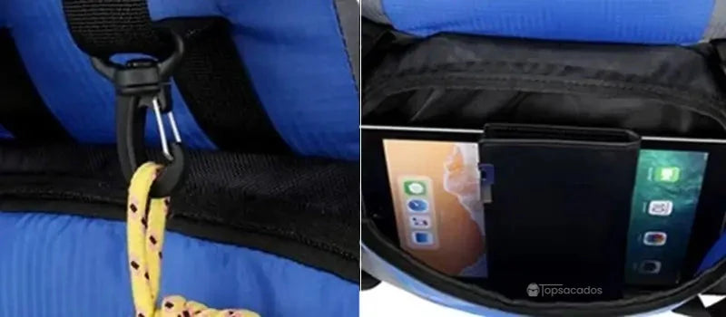 Sac à dos randonnée bleu avec mousqueton pour corde d'escalade et compartiment de rangement intérieur pour tablette ou documents.