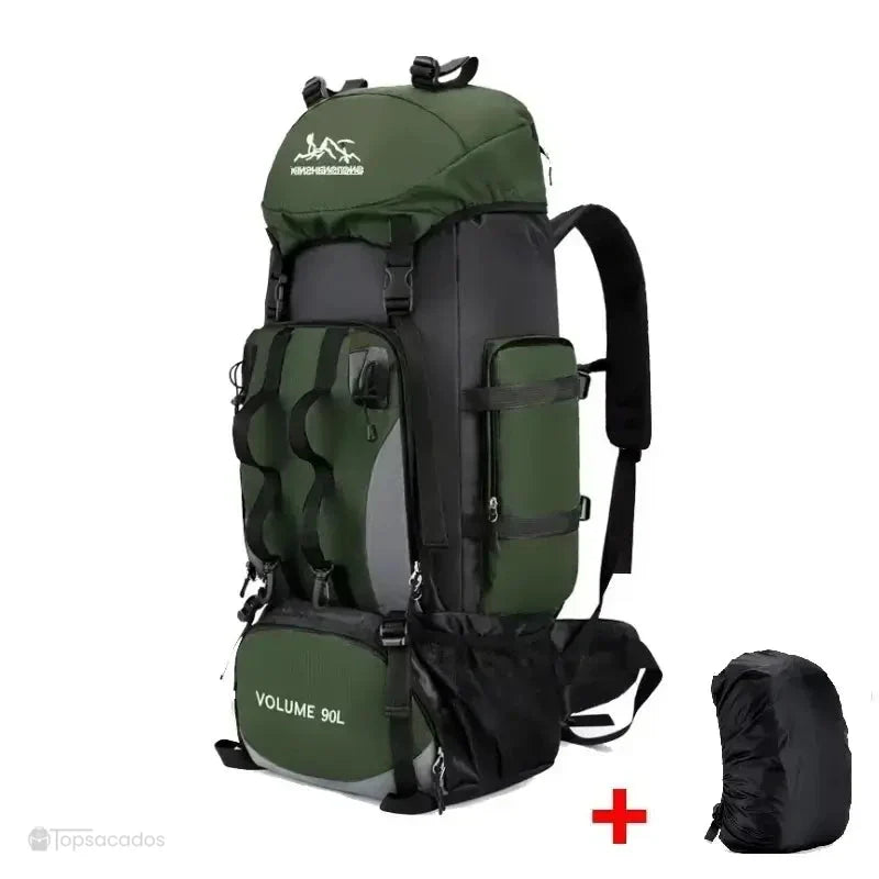 Sac à dos randonnée vert 90L avec housse de pluie incluse, conçu pour les longues expéditions et les treks en pleine nature.