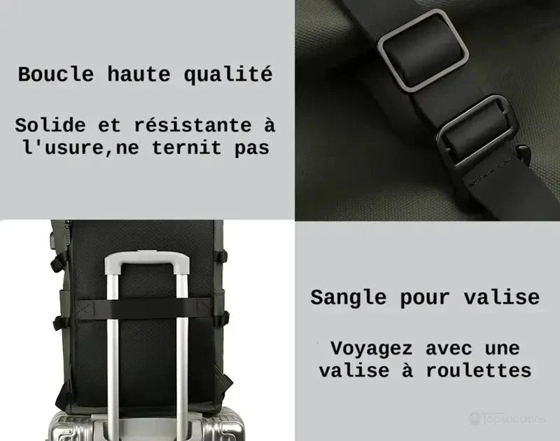 Sac a dos Roll Top avec gros plan sur la boucle en plastique haute résistance et focus sur la sangle arrière, conçue pour glisser sur la poignée d’une valise à roulettes.