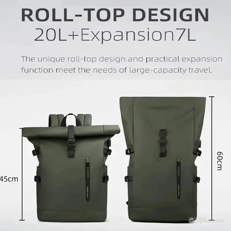 Sac a dos Roll Top avec présentation du système d’extension roll-top de 20 à 27 litres, illustrant sa capacité modulable et sa praticité pour les voyages.