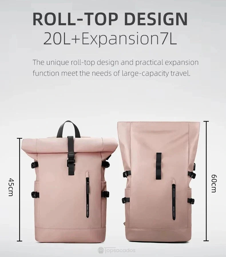 Sac a dos Roll Top pour femme rose affiché avec vue comparative du sac fermé et déplié, mettant en évidence sa capacité extensible de 20 à 27 litres.