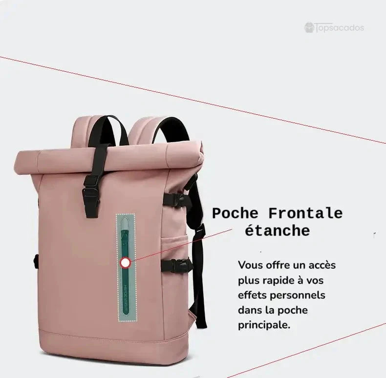 Sac a dos Roll Top pour femme avec zoom sur la poche frontale étanche zippée, soulignée par une ligne bleue, idéale pour les objets à garder accessibles et au sec.