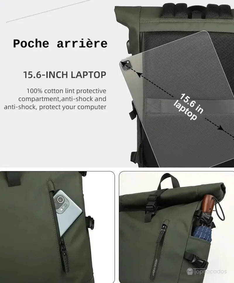 Sac a dos Roll Top avec démonstration de la poche arrière discrète accueillant un ordinateur portable 15,6 pouces, idéale pour les déplacements pro ou étudiants.