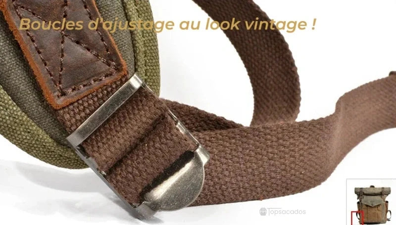 Sac à dos rolltop vintage homme avec zoom sur boucle d’ajustement métallique fixée à une sangle en toile épaisse
