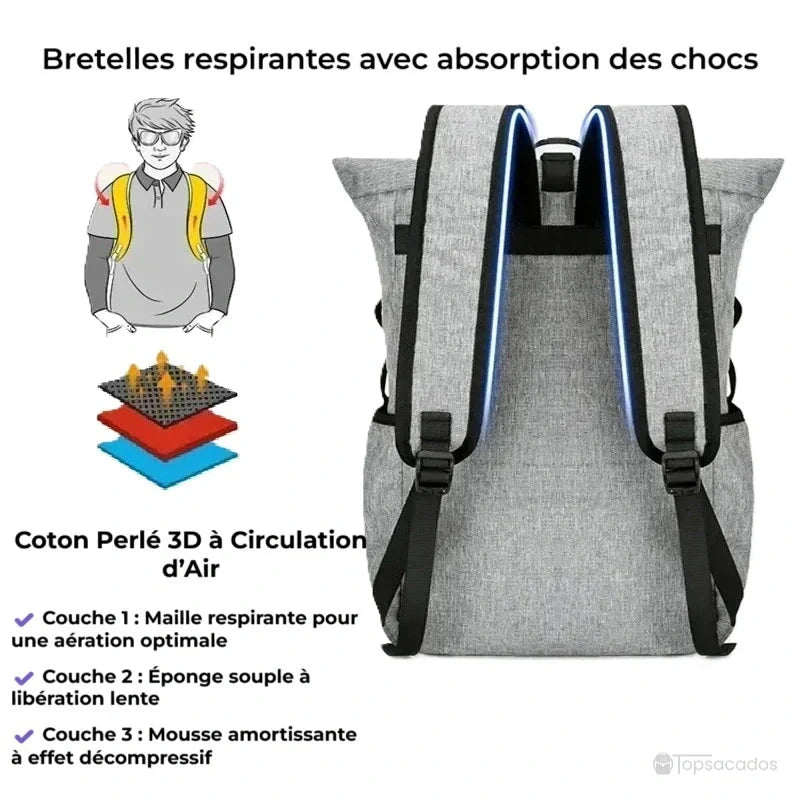 Sac à dos roulé avec bretelles grises épaisses en coton perlé 3D, schéma explicatif des couches de rembourrage visible à gauche.