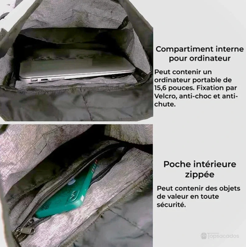 Sac à dos roulé avec compartiment pour ordinateur portable 15,6 pouces et poche intérieure zippée, vu de l’intérieur du sac.