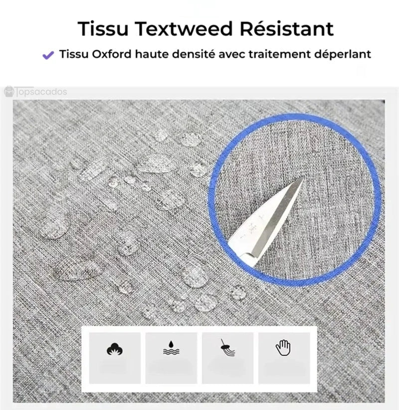 Sac à dos roulé en tissu textweed gris traité déperlant, gros plan sur surface résistante à l’eau et aux coupures.