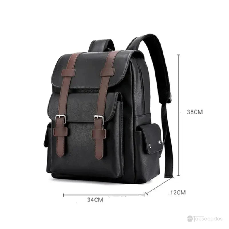 Sac à dos simili cuir noir avec dimensions annotées : 38 cm de haut, 34 cm de large et 12 cm de profondeur.