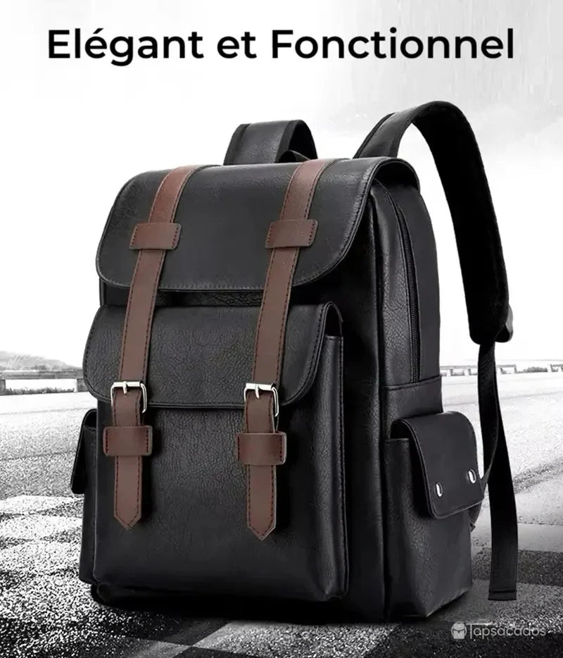 Sac Ă dos simili cuir noir photographiĂ© en extĂ©rieur sur une route avec la mention 'ĂlĂ©gant et Fonctionnel' en haut.