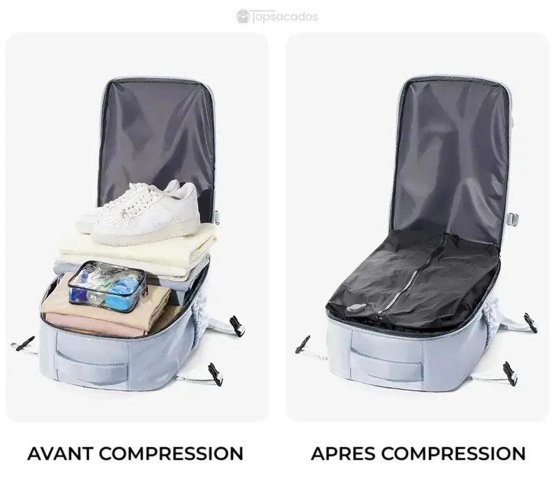 Sac à dos sous vide illustrant l'avant et l'après compression du contenu de voyage avec vêtements et chaussures dans un intérieur lumineux.