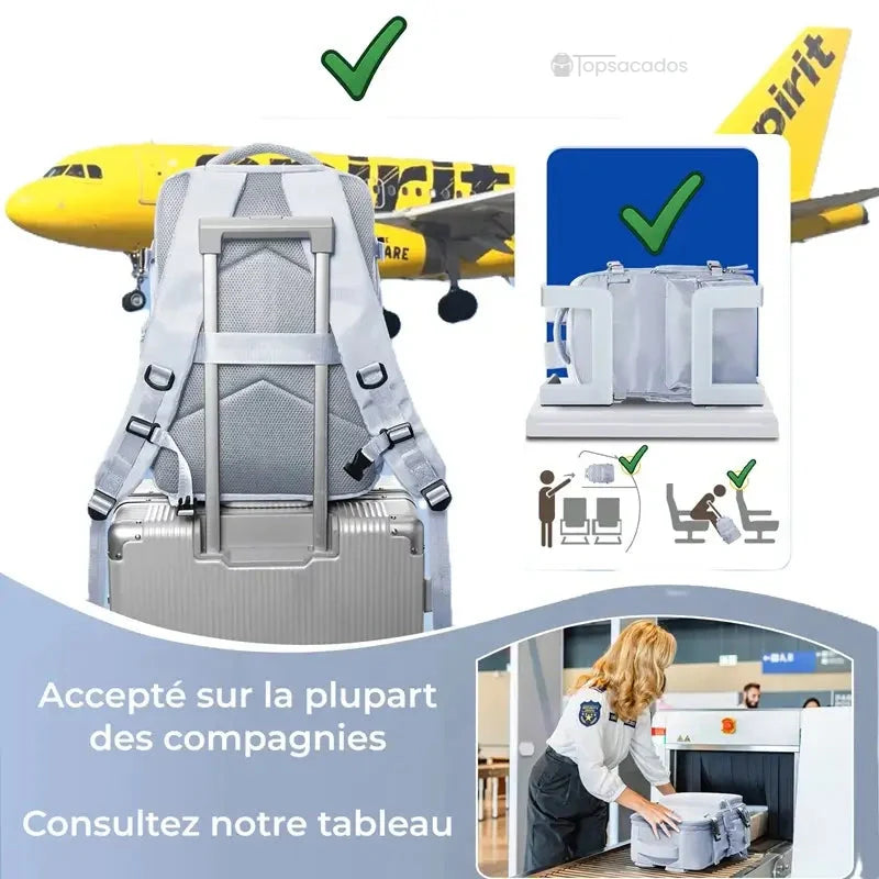 Sac à dos sous vide argenté accepté par la majorité des compagnies aériennes, attaché à une valise cabine devant un avion jaune Spirit Airlines.