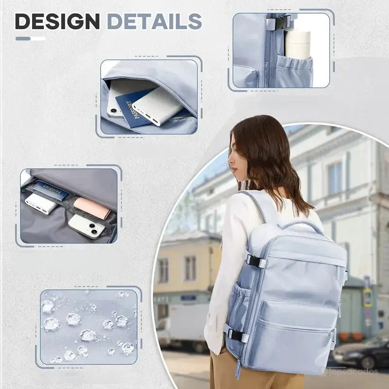 Sac à dos sous vide avec présentation des détails de conception, poches multifonctions, étanchéité et une femme portant le sac en ville en journée.