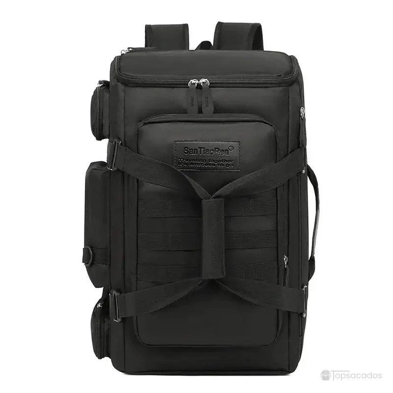 Sac à dos sport noir grande capacité avec poches zippées, sangles croisées et design compact, parfait pour la salle de sport ou le voyage.