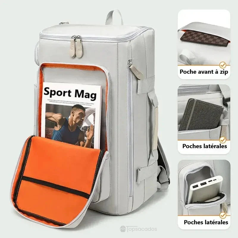 Sac à dos sport blanc ouvert sur l’avant montrant une poche orange accueillant un magazine, avec détails des poches latérales pour accessoires.