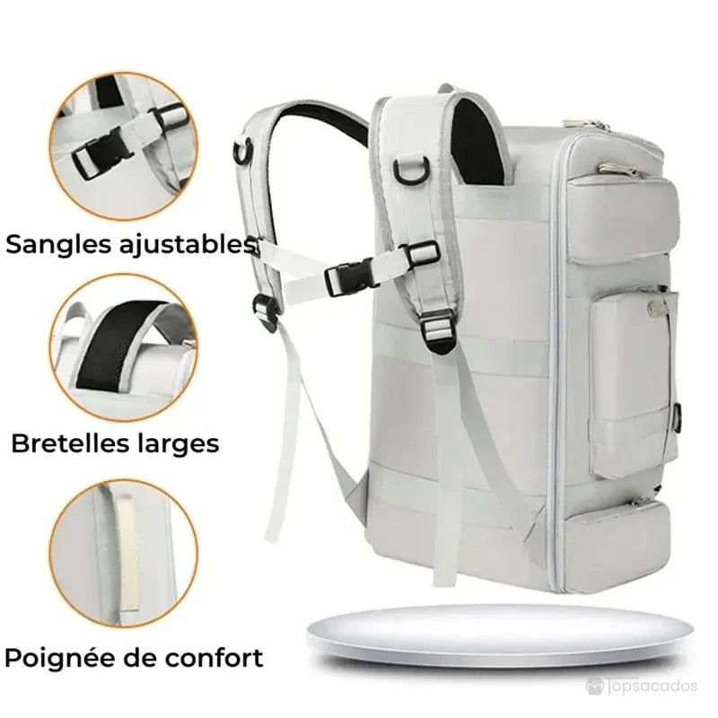 Sac à dos sport blanc vu de dos avec bretelles larges, sangles ajustables et poignée renforcée pour un confort optimal lors du port.