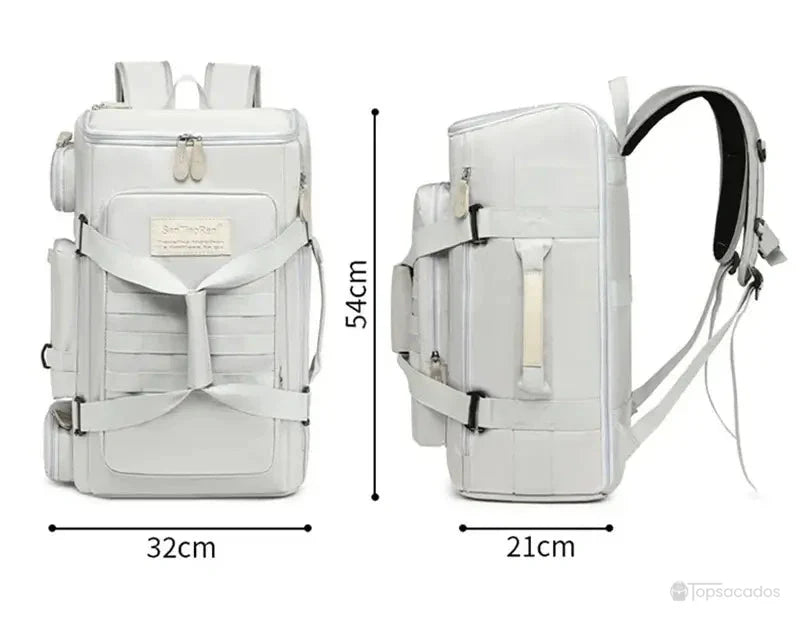 Sac à dos sport blanc montré de face et de profil avec dimensions affichées, 54 cm de hauteur, 32 cm de largeur et 21 cm de profondeur.