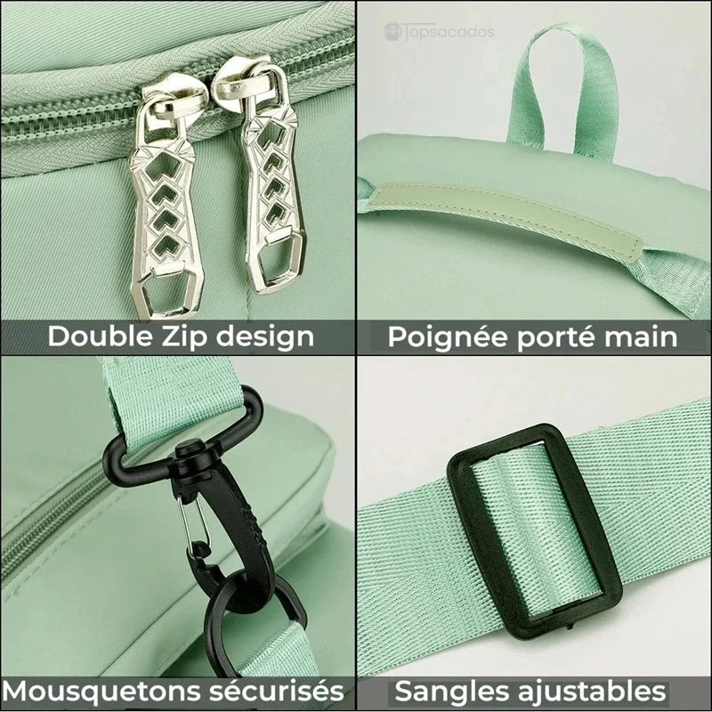 Sac à dos sport grand volume avec zoom sur les détails : double zip métallique, poignée de transport, mousqueton sécurisé et sangle ajustable.