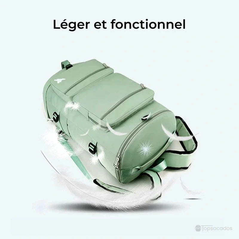 Sac à dos sport grand volume vert clair présenté comme ultra léger avec des plumes flottant autour du sac sur fond bleu clair.