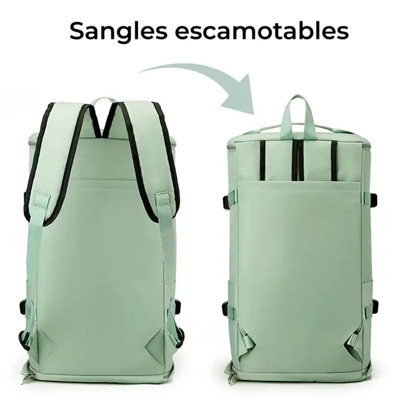 Sac à dos sport grand volume avec sangles escamotables montrées en position sortie et rangée, pour un usage polyvalent sac ou valise.