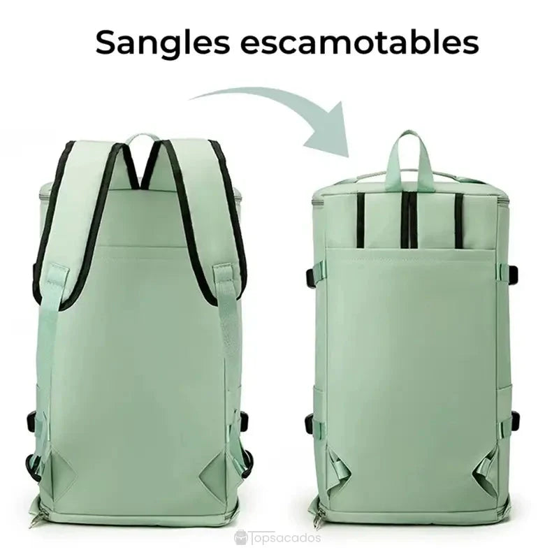 Sac à dos sport grand volume avec sangles escamotables montrées en position sortie et rangée, pour un usage polyvalent sac ou valise.