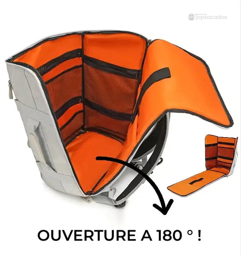 Sac à dos sport avec ouverture complète à 180 degrés, doublure intérieure orange et multiples poches filet pour un rangement optimisé.