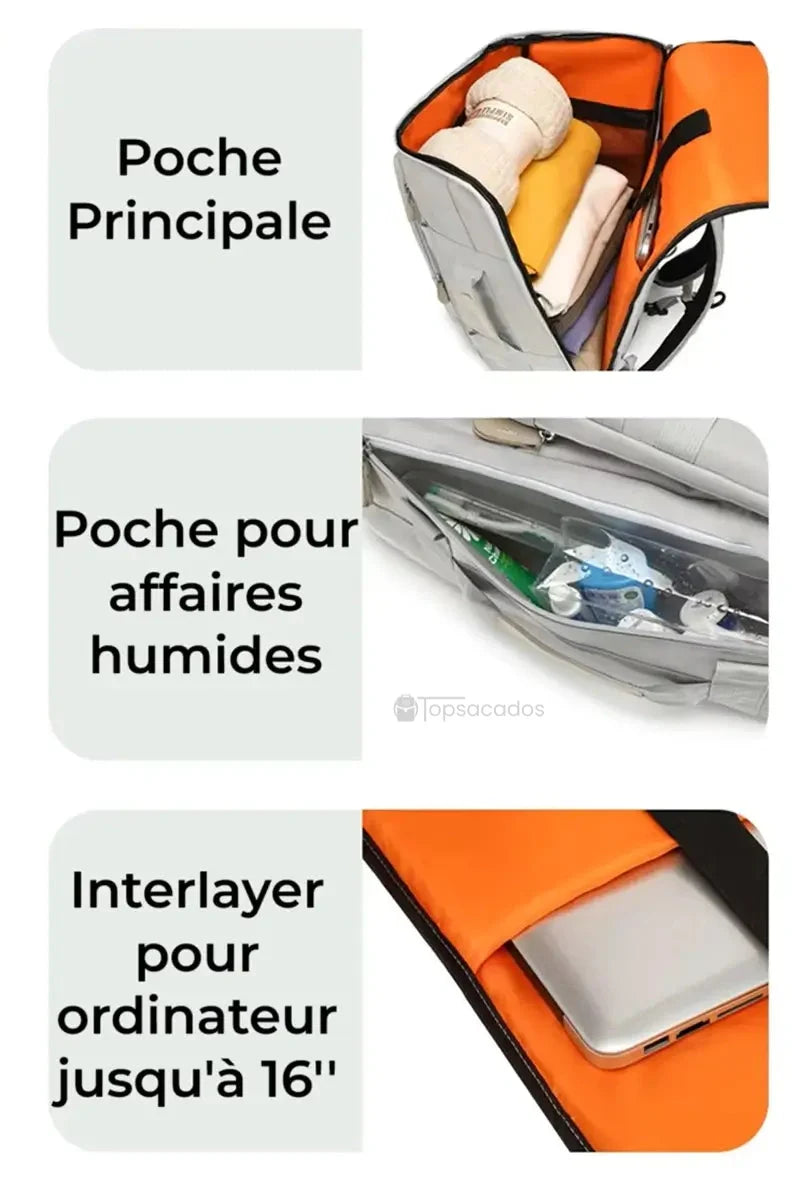 Sac à dos sport avec vue détaillée des compartiments : poche principale, section pour vêtements mouillés et emplacement rembourré pour ordinateur portable jusqu’à 16 pouces.