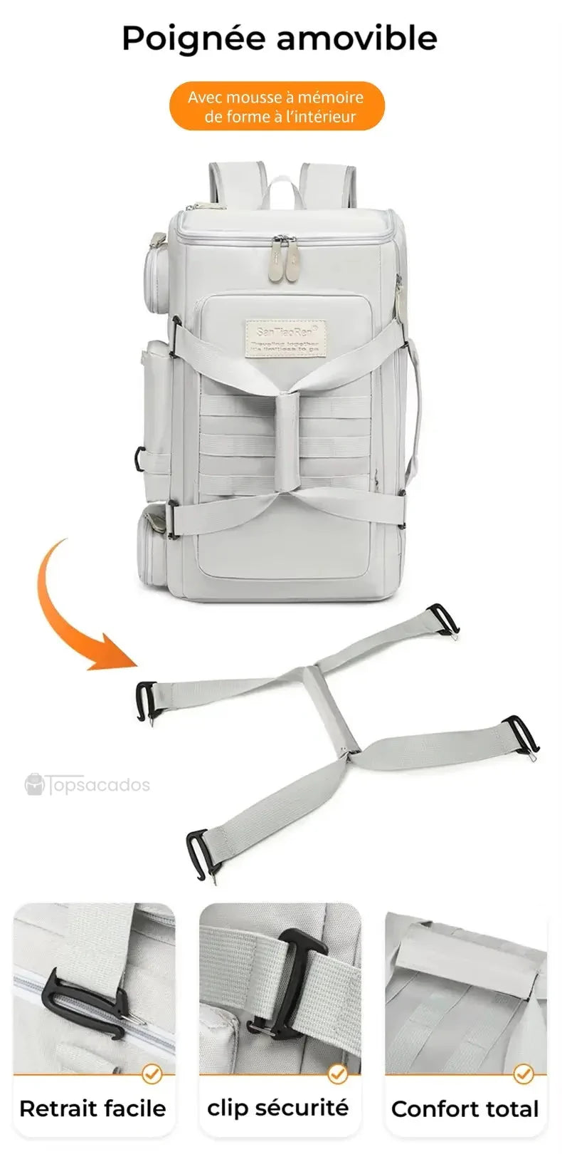 Sac à dos sport avec poignée amovible dotée de mousse à mémoire de forme, incluant clips de sécurité et système de retrait facile pour un confort optimal.