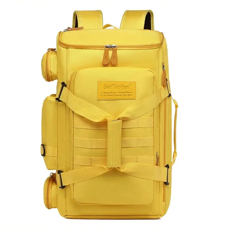 Sac à dos sport jaune vif avec sangles renforcées, multiples poches et fermeture zippée, parfait pour une utilisation dynamique et colorée.