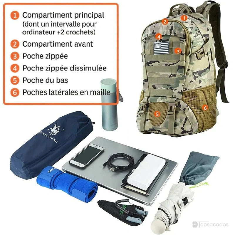 Sac à dos tactique 35 litres beige clair avec démonstration du contenu et des poches principales